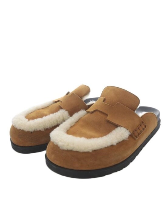 Hermes Shoes - Hermes Gold Mule Mouton Sandals Flat Suede 38 Brown